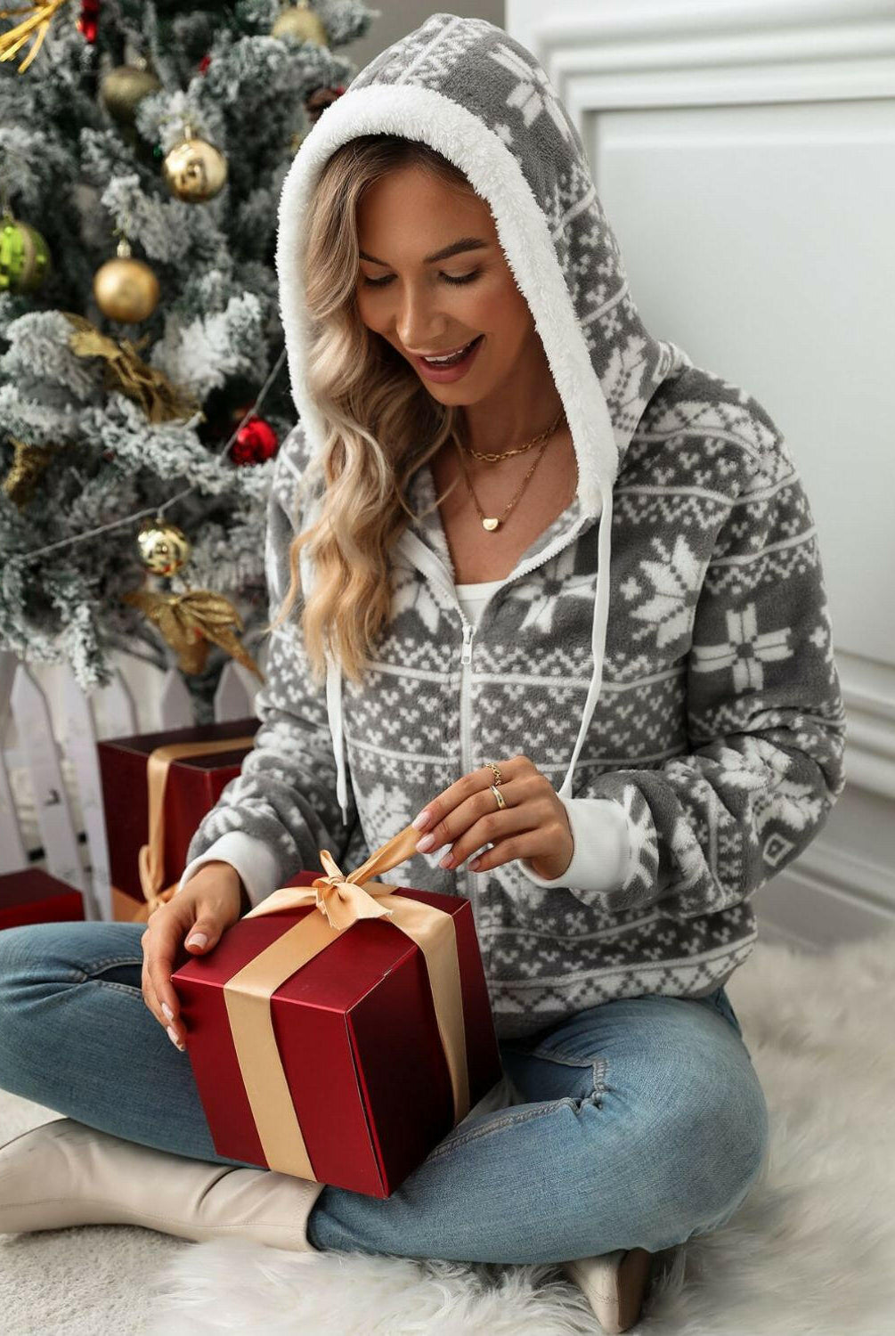 Drawstring Snowflake Zip Up Hooded Outerwear-Hoodies-Krush Kandy, Women's Online Fashion Boutique Located in Phoenix, Arizona (Scottsdale Area)
