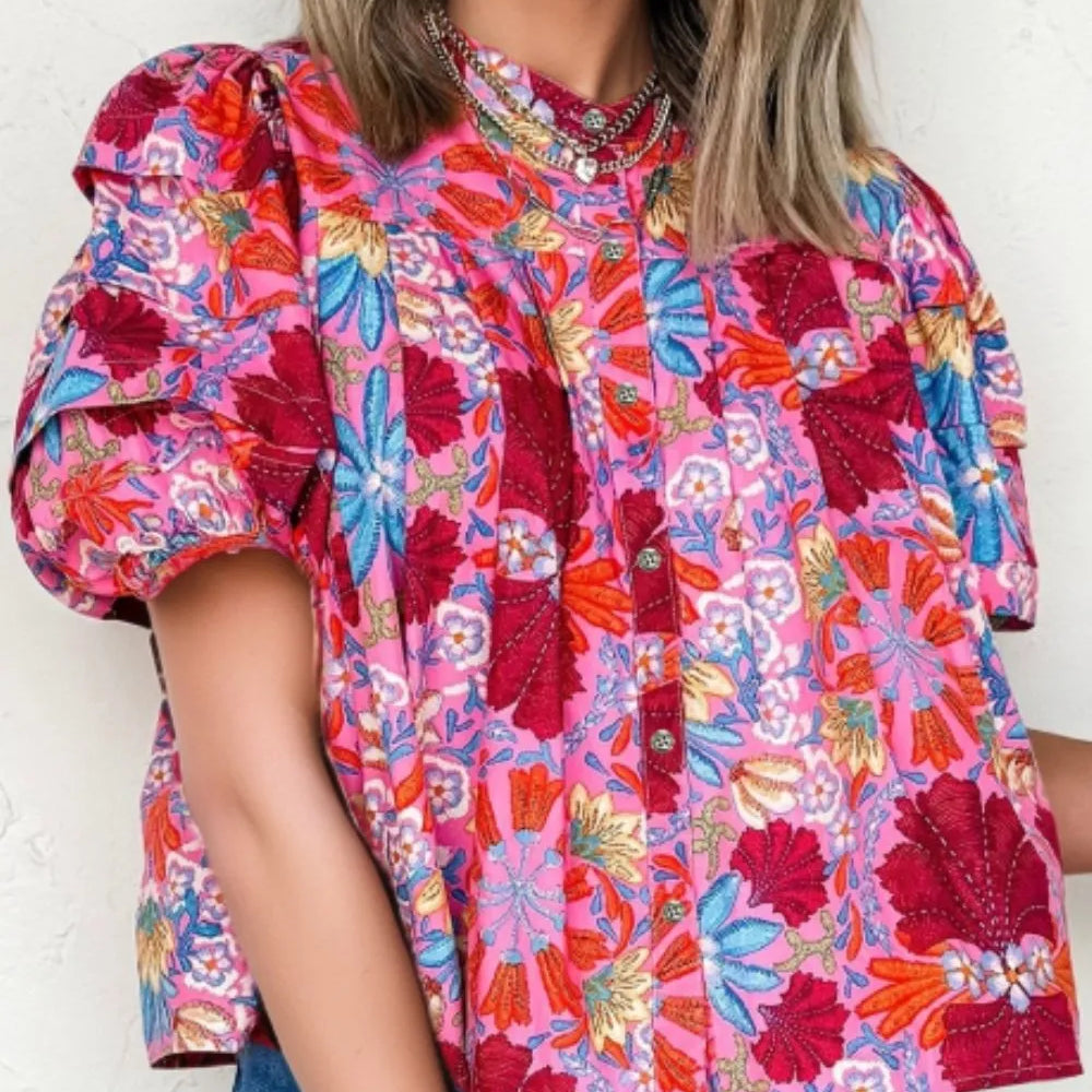 Floral Puff Sleeve Button-Up Top-Tops-Krush Kandy, Women's Online Fashion Boutique Located in Phoenix, Arizona (Scottsdale Area)