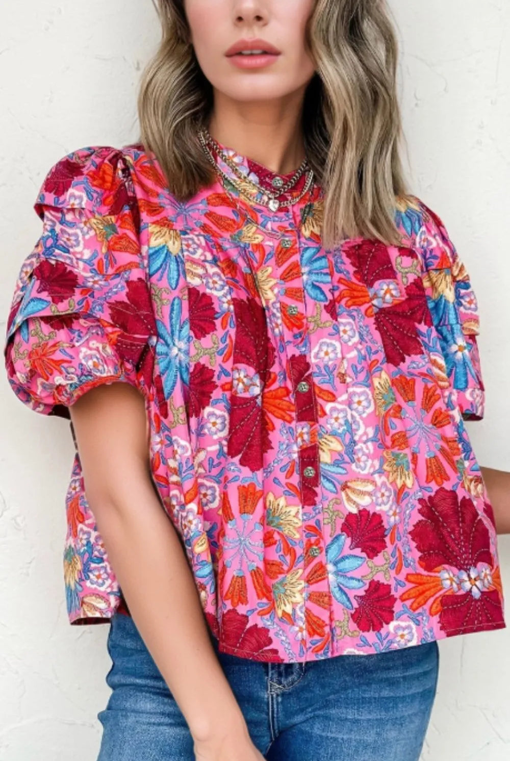Floral Puff Sleeve Button-Up Top-Tops-Krush Kandy, Women's Online Fashion Boutique Located in Phoenix, Arizona (Scottsdale Area)