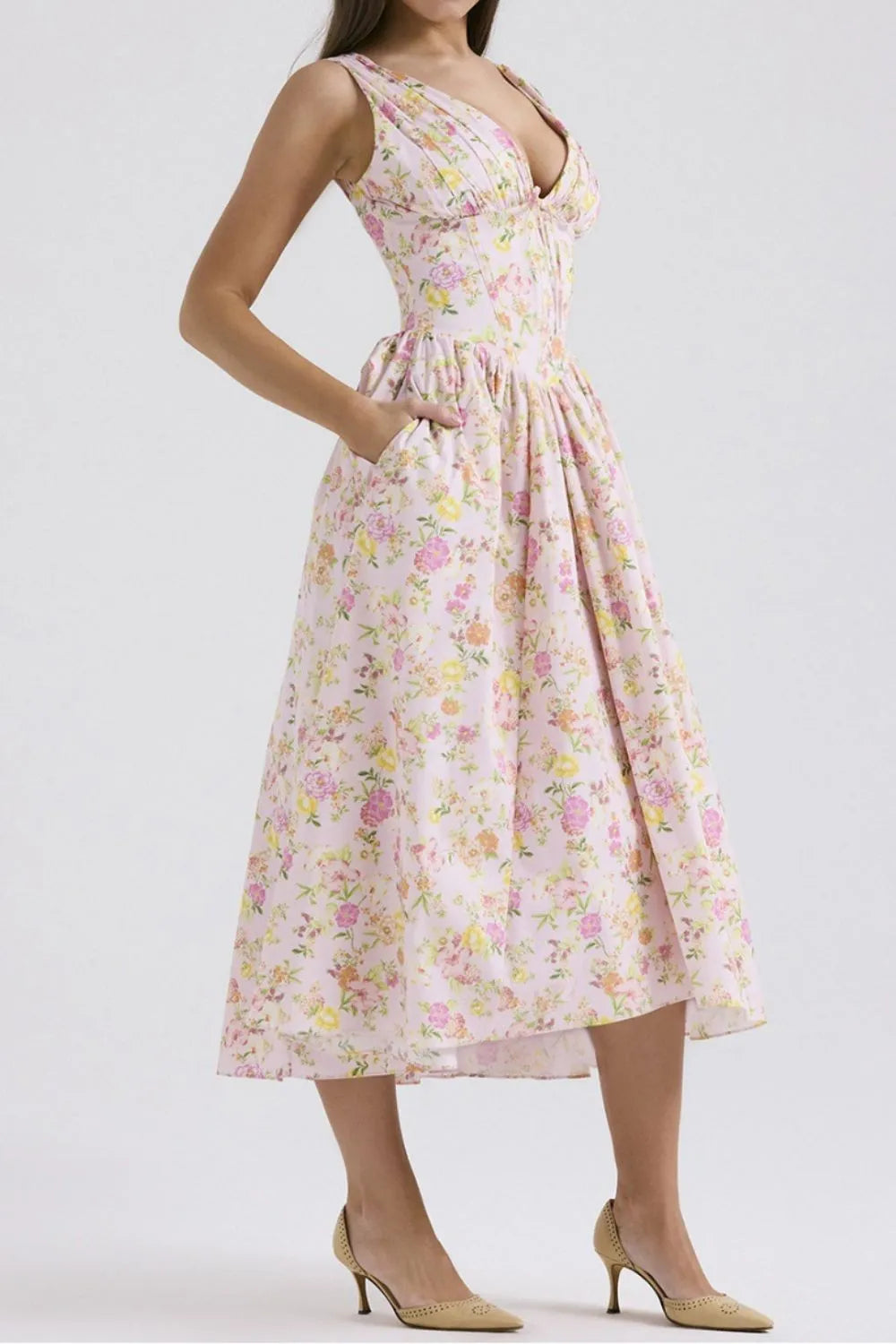 Floral V-Neck Sleeveless Midi Dress with Pockets-Dresses-Krush Kandy, Women's Online Fashion Boutique Located in Phoenix, Arizona (Scottsdale Area)