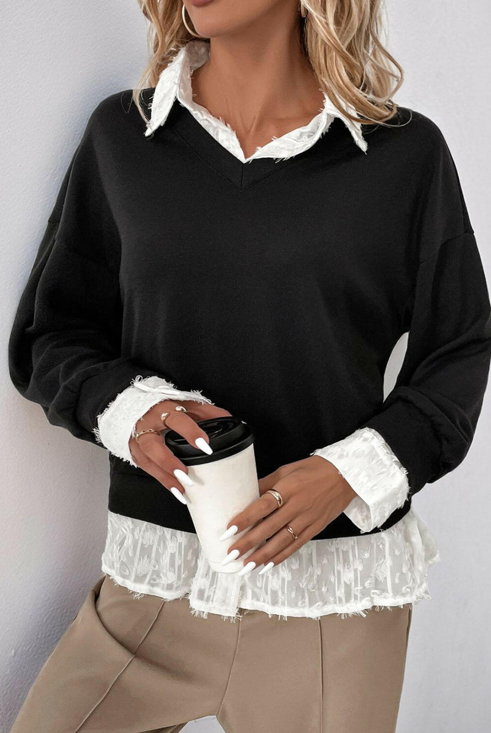 Perfee Faux Layered Contrast Long Sleeve Sweatshirt-Krush Kandy, Women's Online Fashion Boutique Located in Phoenix, Arizona (Scottsdale Area)
