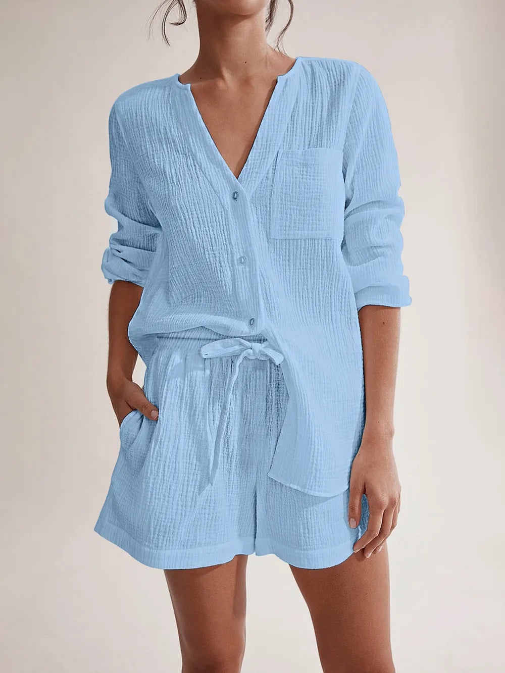 Notched Long Sleeve Top and Shorts Set-Krush Kandy, Women's Online Fashion Boutique Located in Phoenix, Arizona (Scottsdale Area)