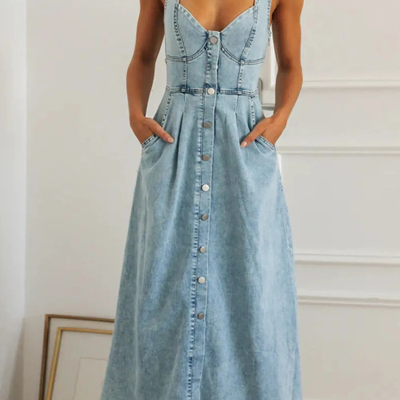 Sweetheart Neck Button-Front Midi Denim Dress-Krush Kandy, Women's Online Fashion Boutique Located in Phoenix, Arizona (Scottsdale Area)