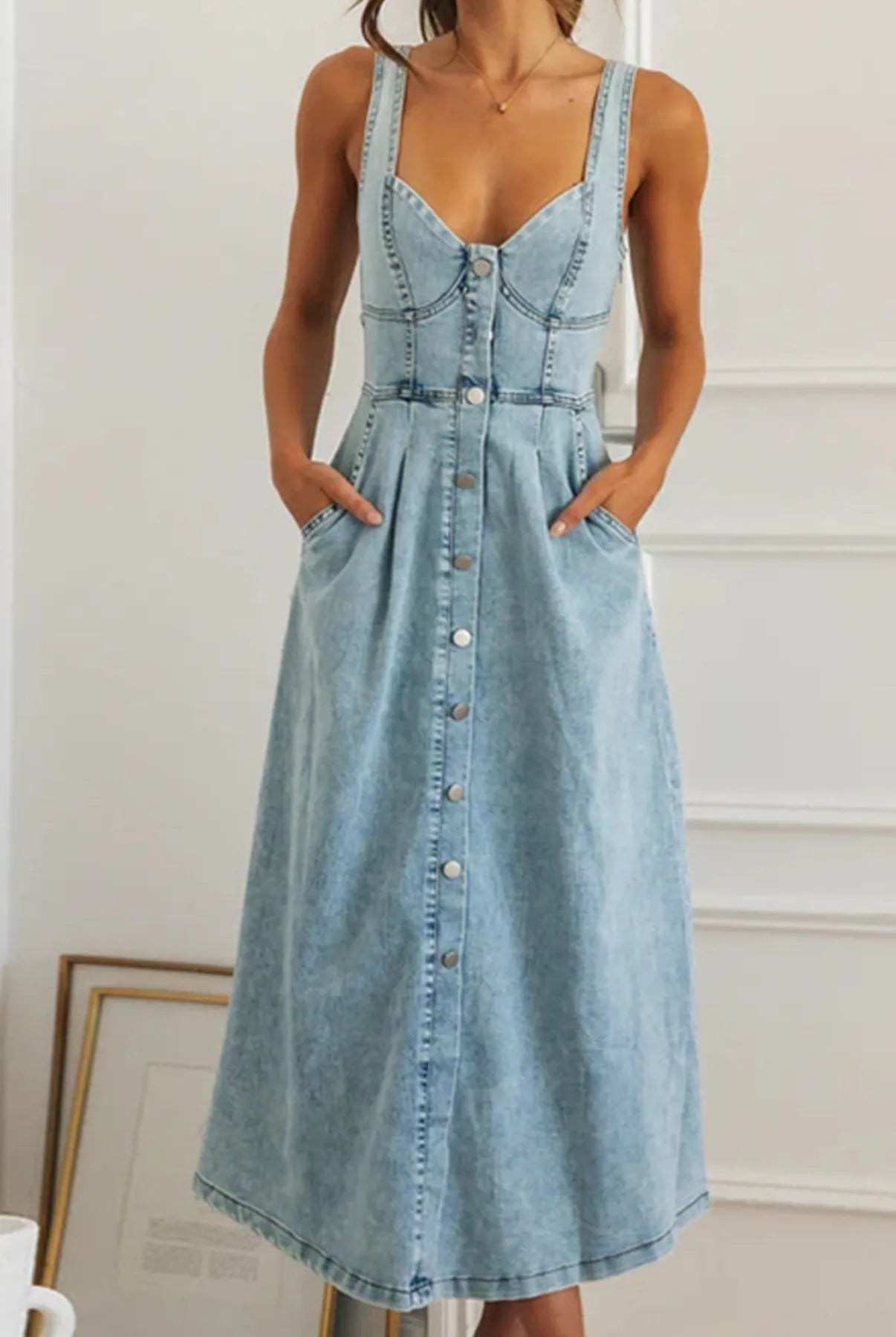 Sweetheart Neck Button-Front Midi Denim Dress-Krush Kandy, Women's Online Fashion Boutique Located in Phoenix, Arizona (Scottsdale Area)