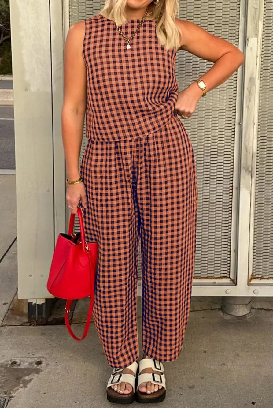 Lovelet Plaid Round Neck Sleeveless Top and Pants Set-2 Piece Outfit Sets-Krush Kandy, Women's Online Fashion Boutique Located in Phoenix, Arizona (Scottsdale Area)