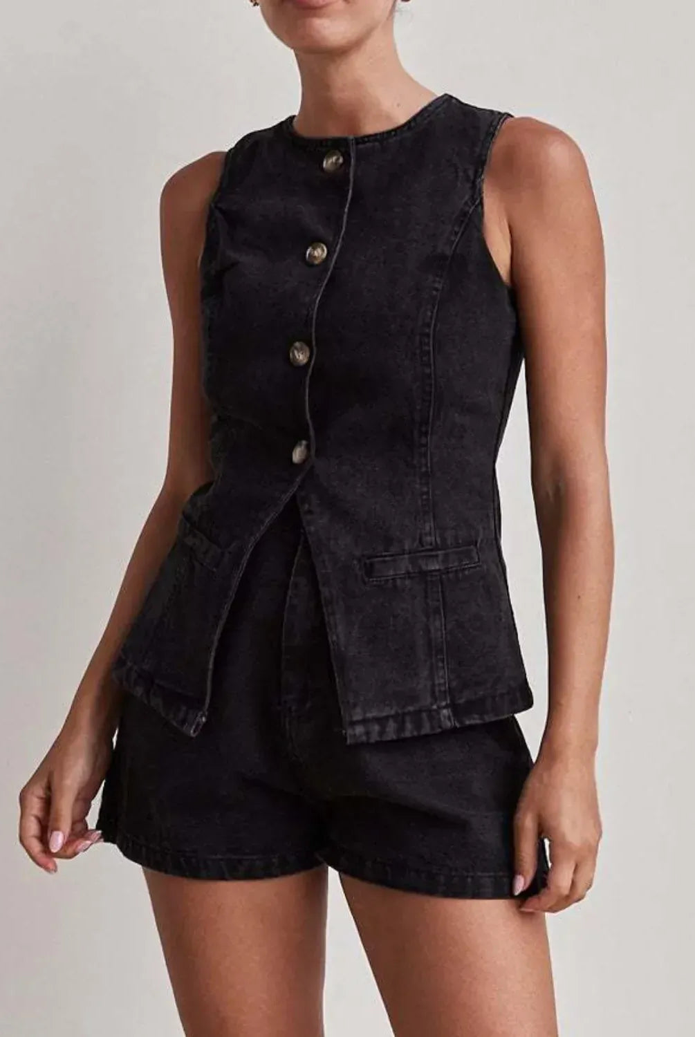 Button Down Vest and Shorts Denim Set-2 Piece Outfit Sets-Krush Kandy, Women's Online Fashion Boutique Located in Phoenix, Arizona (Scottsdale Area)