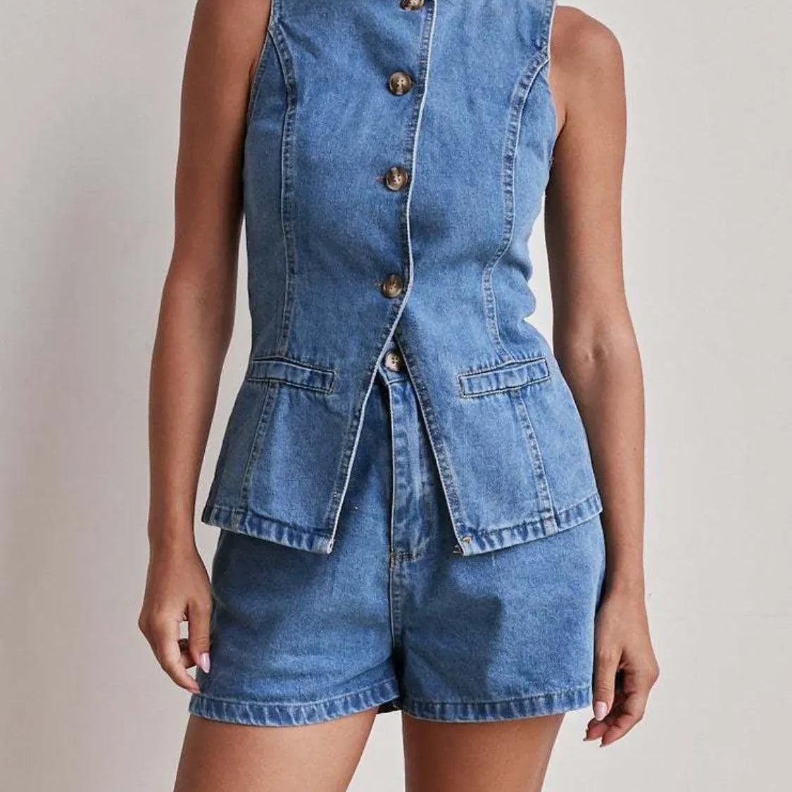 Button Down Vest and Shorts Denim Set-2 Piece Outfit Sets-Krush Kandy, Women's Online Fashion Boutique Located in Phoenix, Arizona (Scottsdale Area)