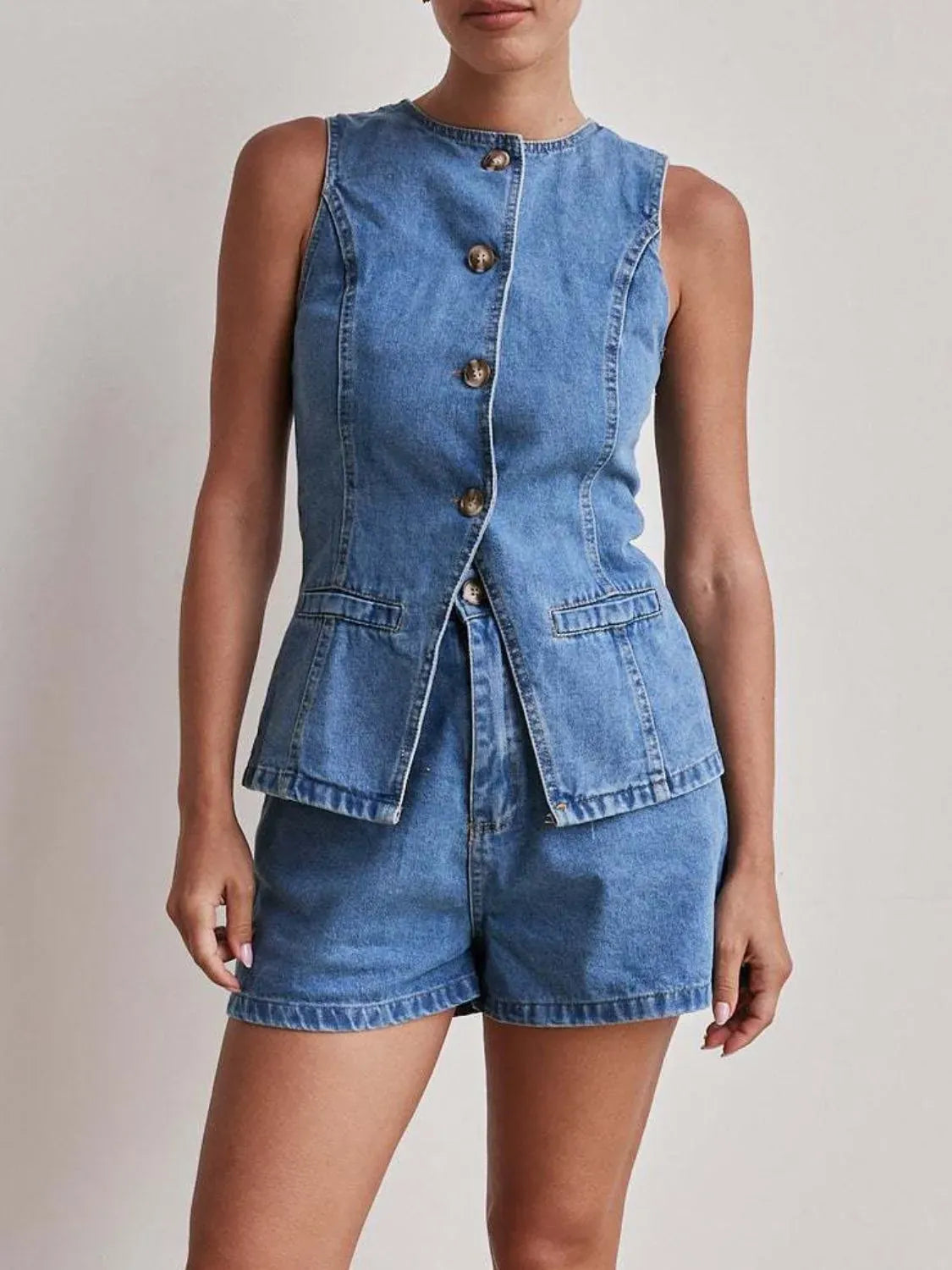 Button Down Vest and Shorts Denim Set-2 Piece Outfit Sets-Krush Kandy, Women's Online Fashion Boutique Located in Phoenix, Arizona (Scottsdale Area)