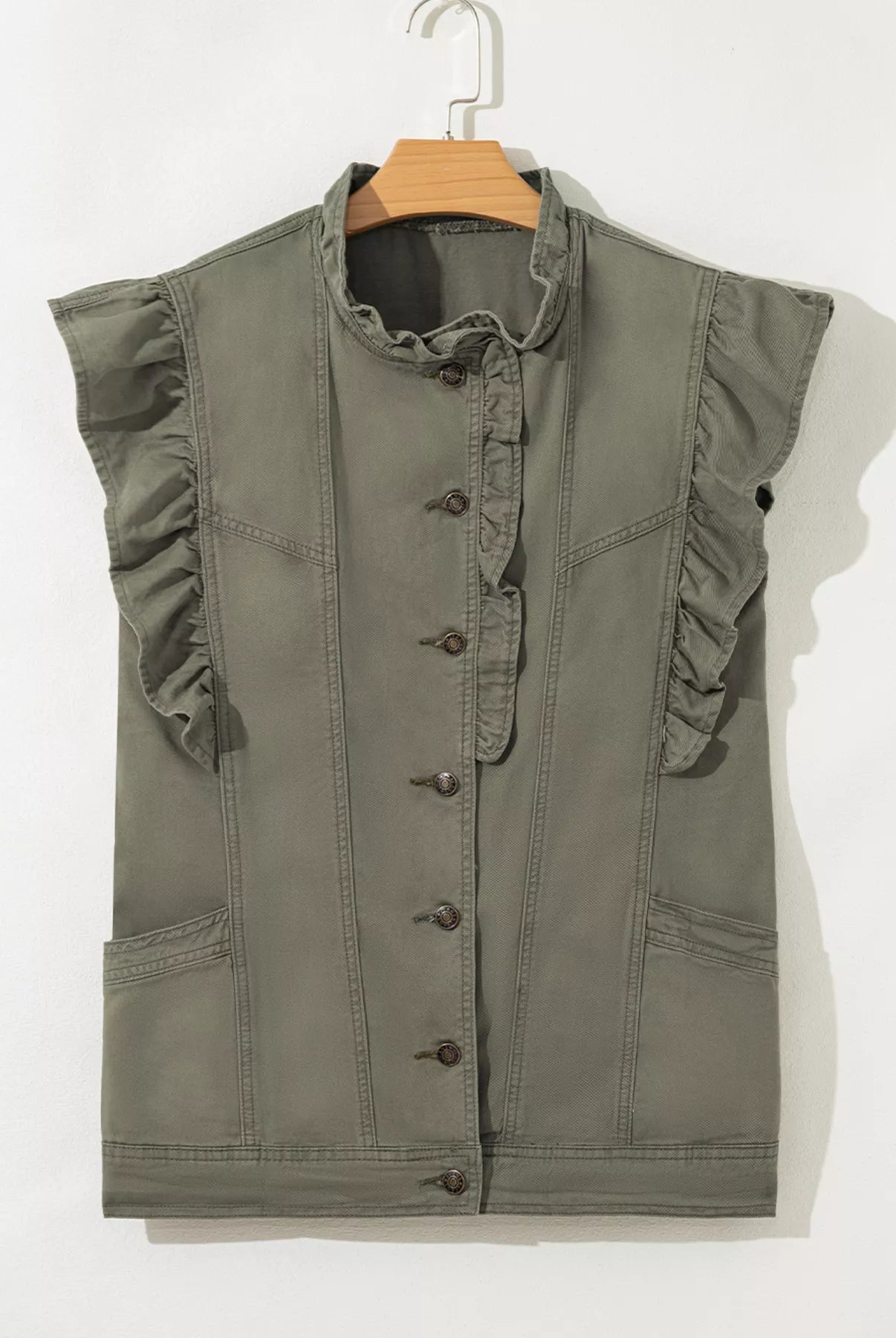 Ruffled Patchwork Denim Jacket Vest-Krush Kandy, Women's Online Fashion Boutique Located in Phoenix, Arizona (Scottsdale Area)