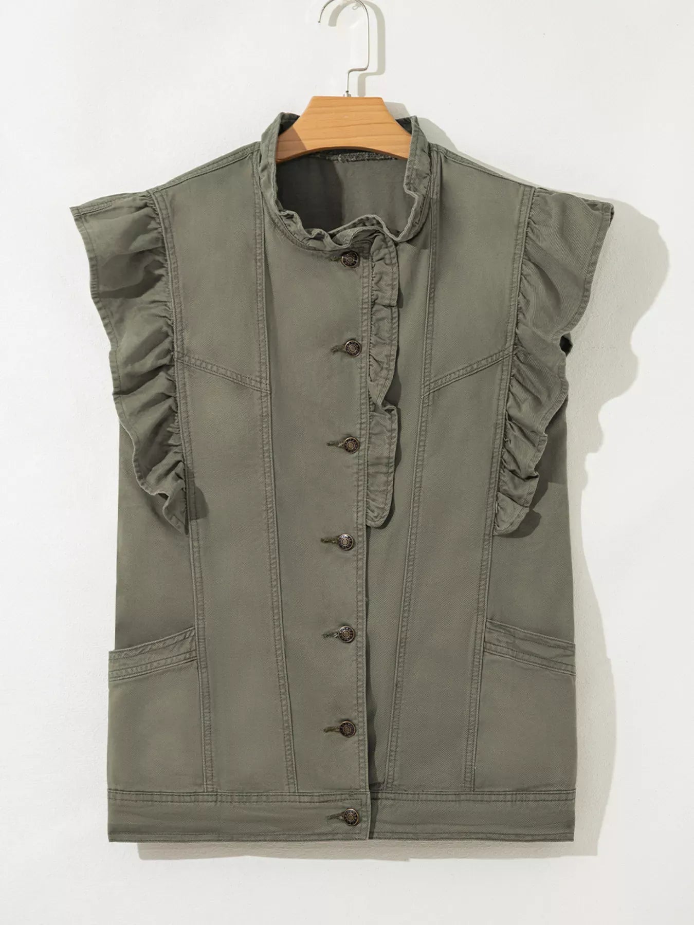 Ruffled Patchwork Denim Jacket Vest-Krush Kandy, Women's Online Fashion Boutique Located in Phoenix, Arizona (Scottsdale Area)