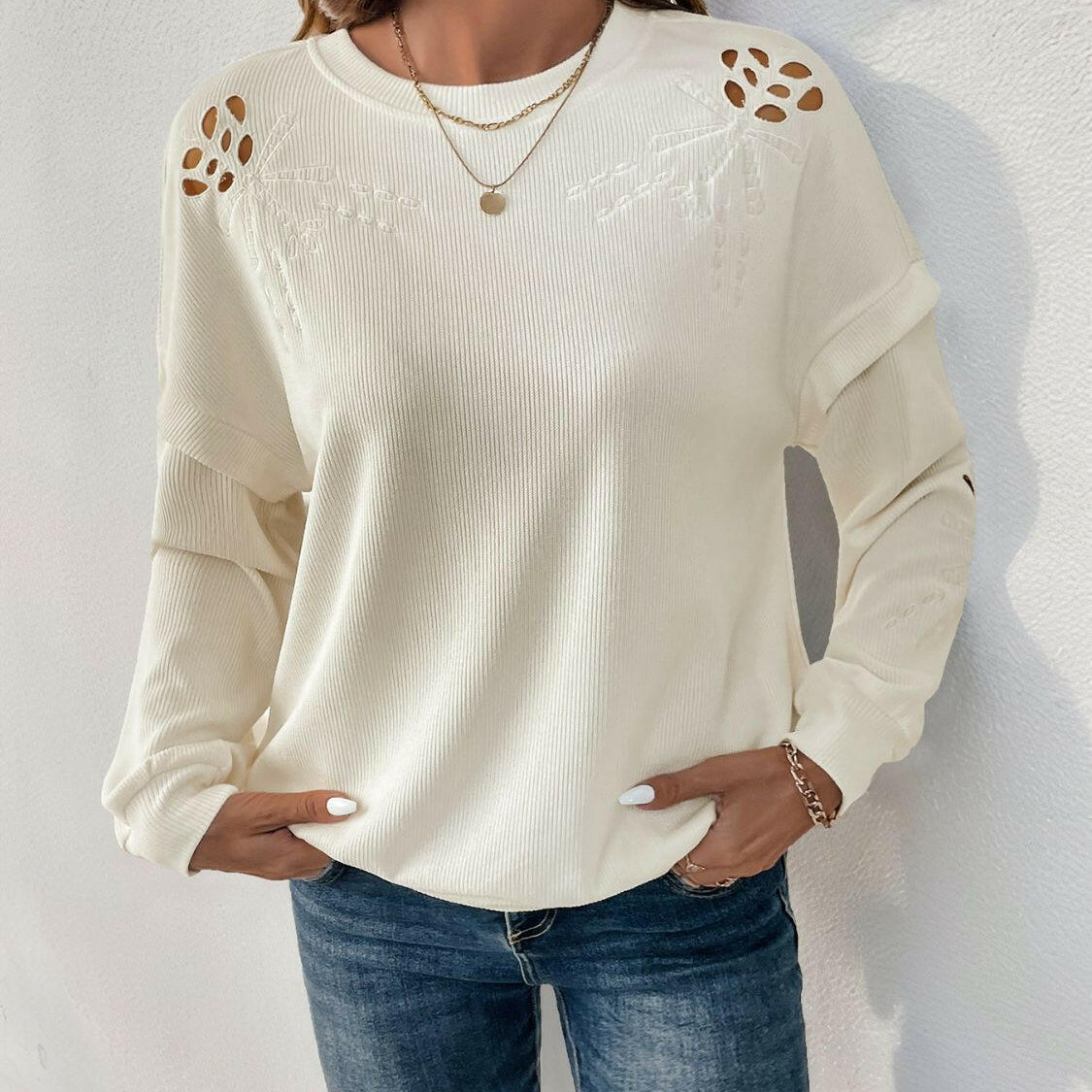 Perfee Cutout Round Neck Long Sleeve Sweatshirt-Krush Kandy, Women's Online Fashion Boutique Located in Phoenix, Arizona (Scottsdale Area)