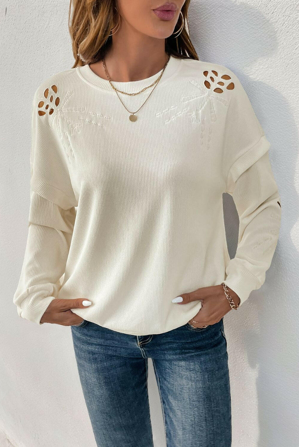 Perfee Cutout Round Neck Long Sleeve Sweatshirt-Krush Kandy, Women's Online Fashion Boutique Located in Phoenix, Arizona (Scottsdale Area)