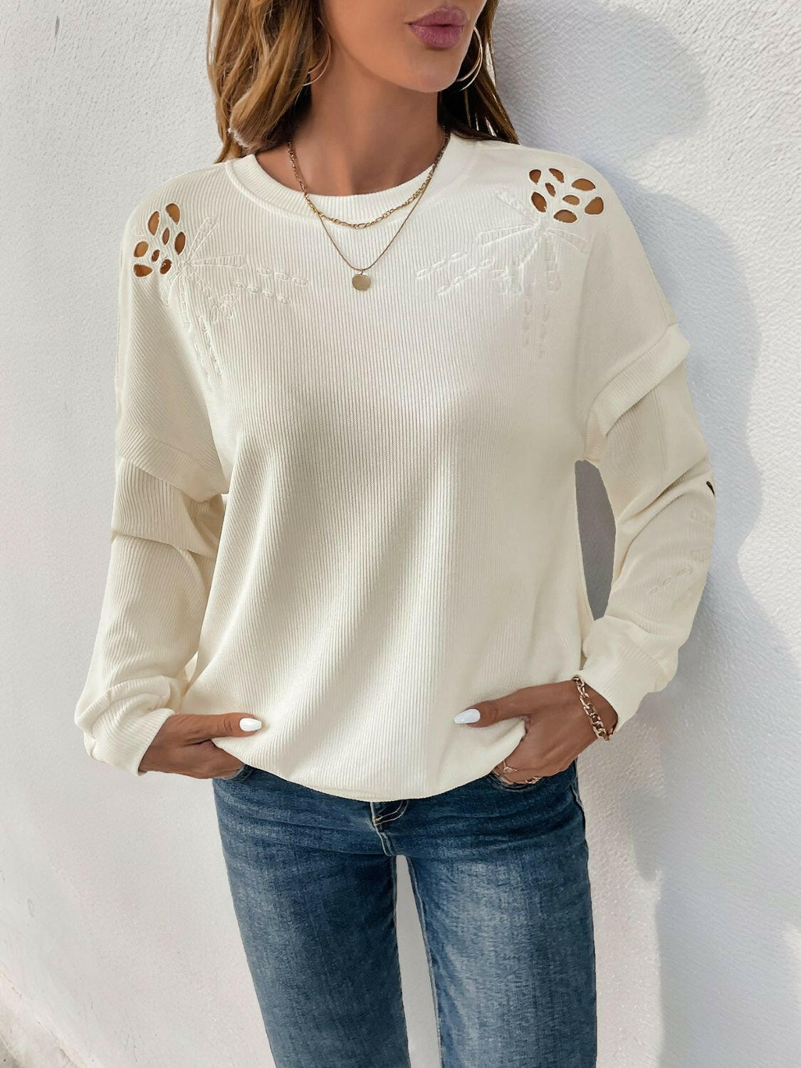 Perfee Cutout Round Neck Long Sleeve Sweatshirt-Krush Kandy, Women's Online Fashion Boutique Located in Phoenix, Arizona (Scottsdale Area)