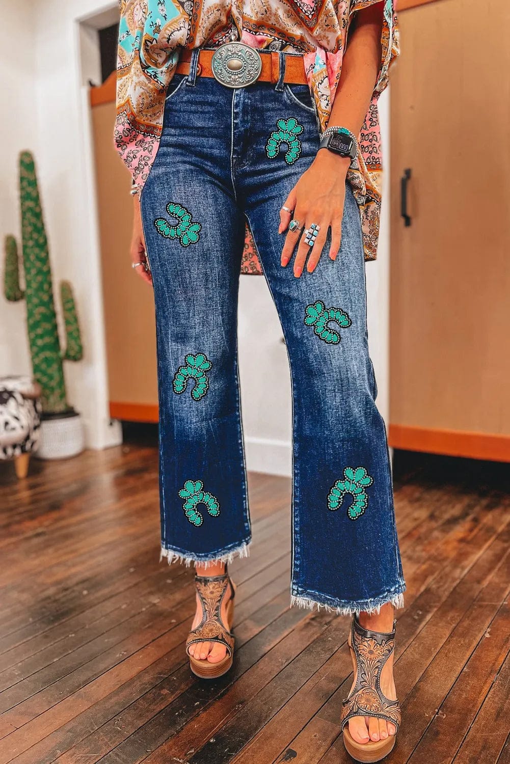 Turquoise Jewelry-Inspired Embellished Wide-Legged Denim Jeans-Denim-Krush Kandy, Women's Online Fashion Boutique Located in Phoenix, Arizona (Scottsdale Area)