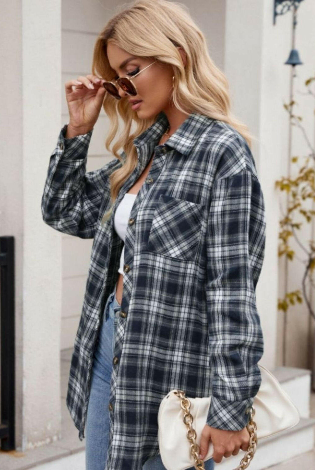 Mandy Pocketed Plaid Collared Neck Long Sleeve Shirt-Krush Kandy, Women's Online Fashion Boutique Located in Phoenix, Arizona (Scottsdale Area)