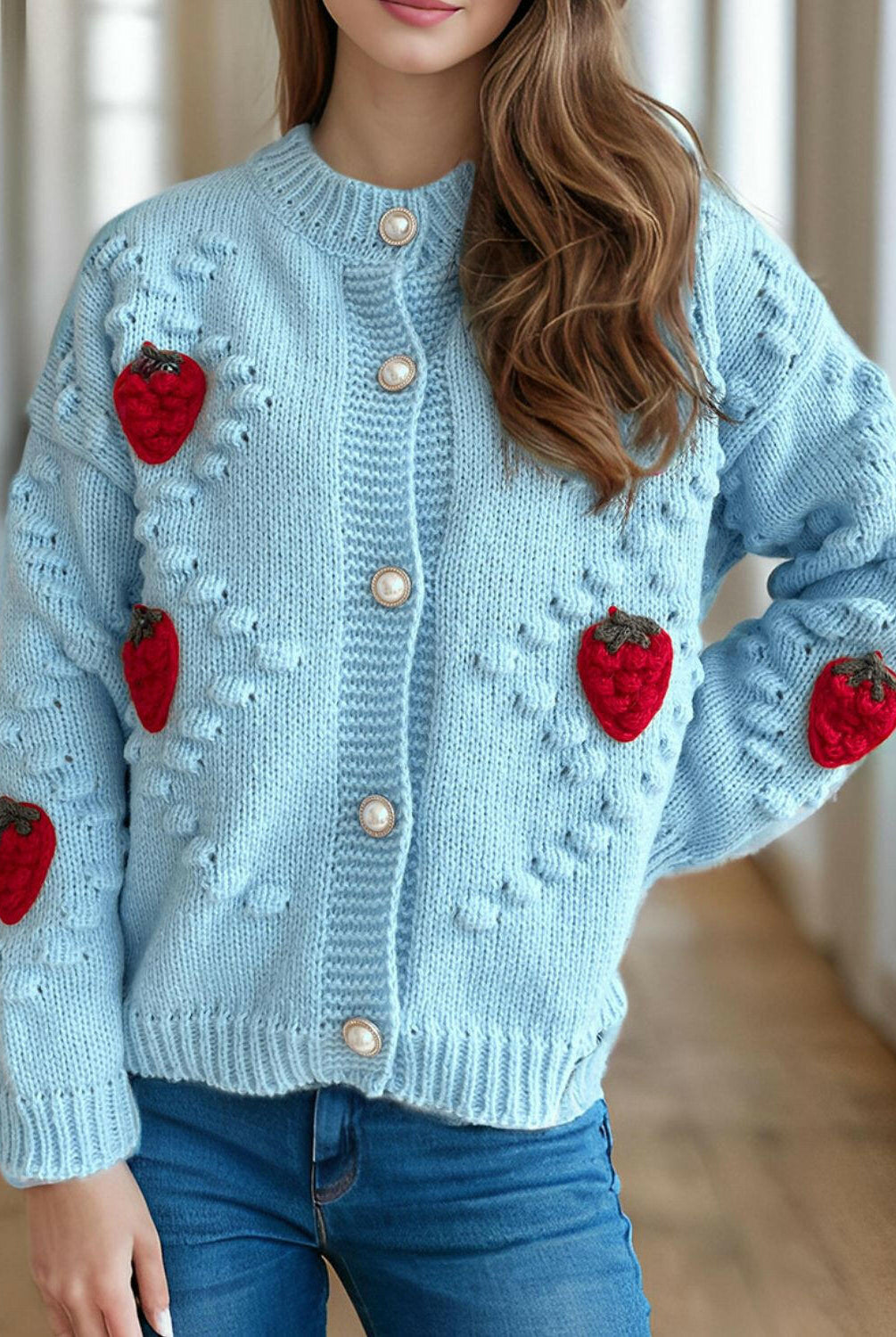Strawberry Button Down Long Sleeve Cardigan-Cardigans-Krush Kandy, Women's Online Fashion Boutique Located in Phoenix, Arizona (Scottsdale Area)