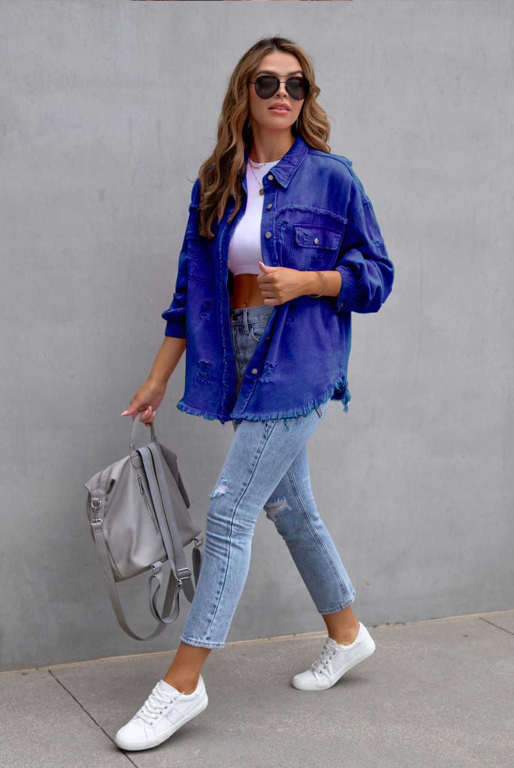 Distressed Drop Shoulder Denim Jacket-Krush Kandy, Women's Online Fashion Boutique Located in Phoenix, Arizona (Scottsdale Area)