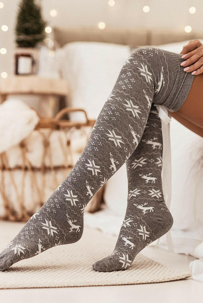 Christmas Element Bowknot Ribbed Trim Over Knee Stockings-Accessories-Krush Kandy, Women's Online Fashion Boutique Located in Phoenix, Arizona (Scottsdale Area)