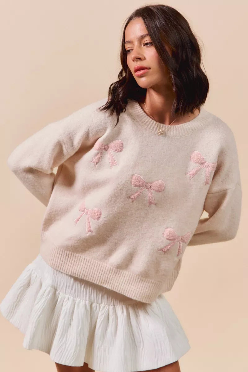 SO ME Embroidered Ribbon Round Neck Sweater-Sweaters-Krush Kandy, Women's Online Fashion Boutique Located in Phoenix, Arizona (Scottsdale Area)