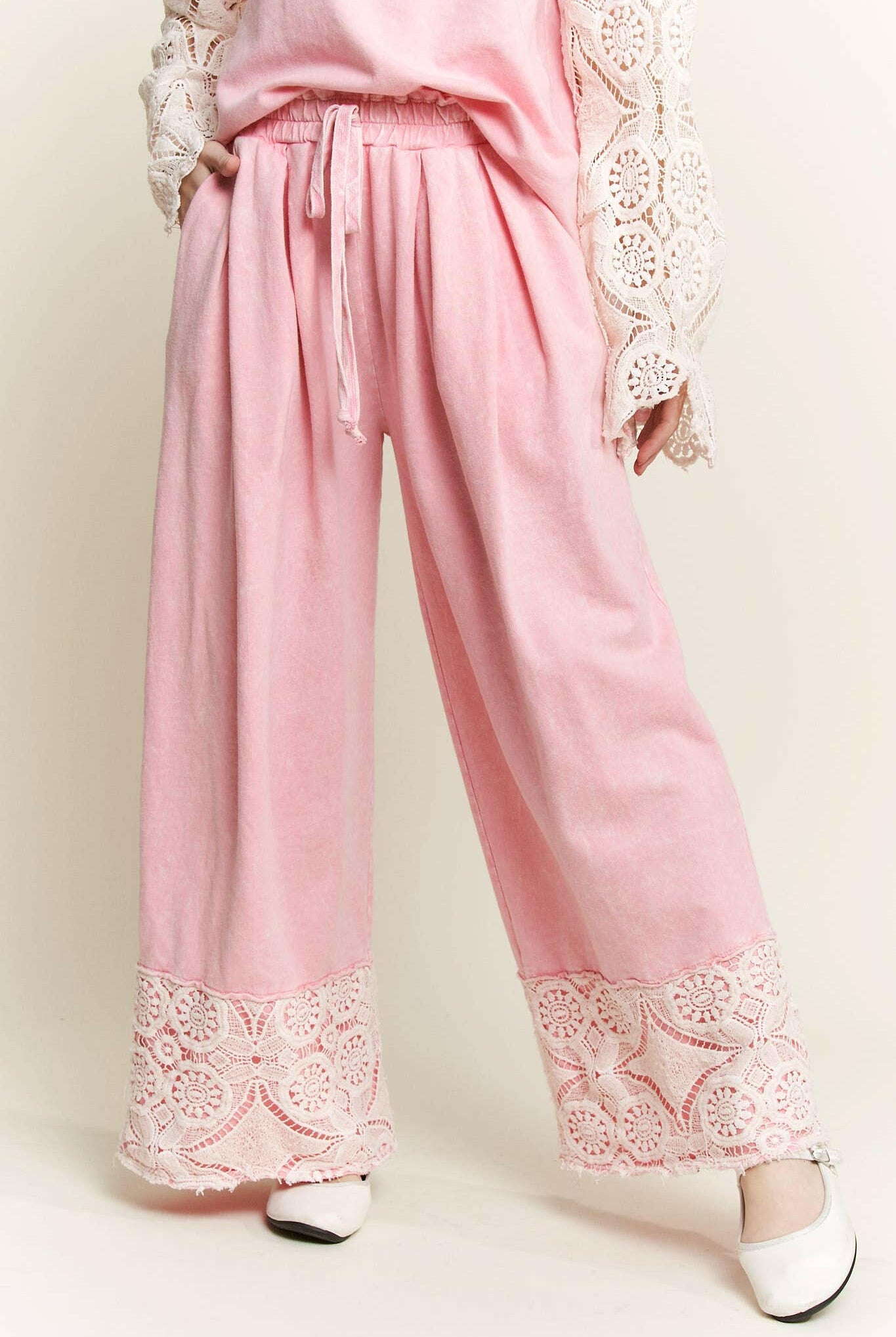 J.HER MineralWash Crochet Plicated Wide Leg Terry Pants-Krush Kandy, Women's Online Fashion Boutique Located in Phoenix, Arizona (Scottsdale Area)