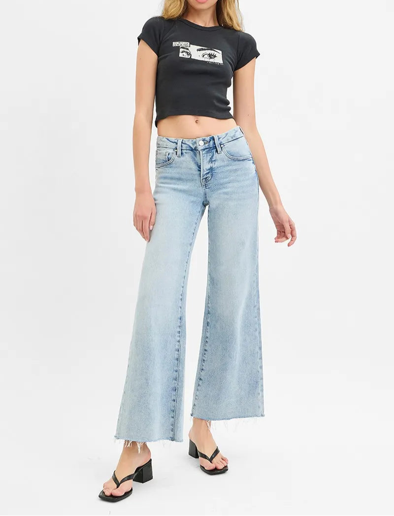 RISEN Full Size Tummy Control Low Rise Wide Leg Raw Cut Hem Jeans Plus Size-Denim-Krush Kandy, Women's Online Fashion Boutique Located in Phoenix, Arizona (Scottsdale Area)