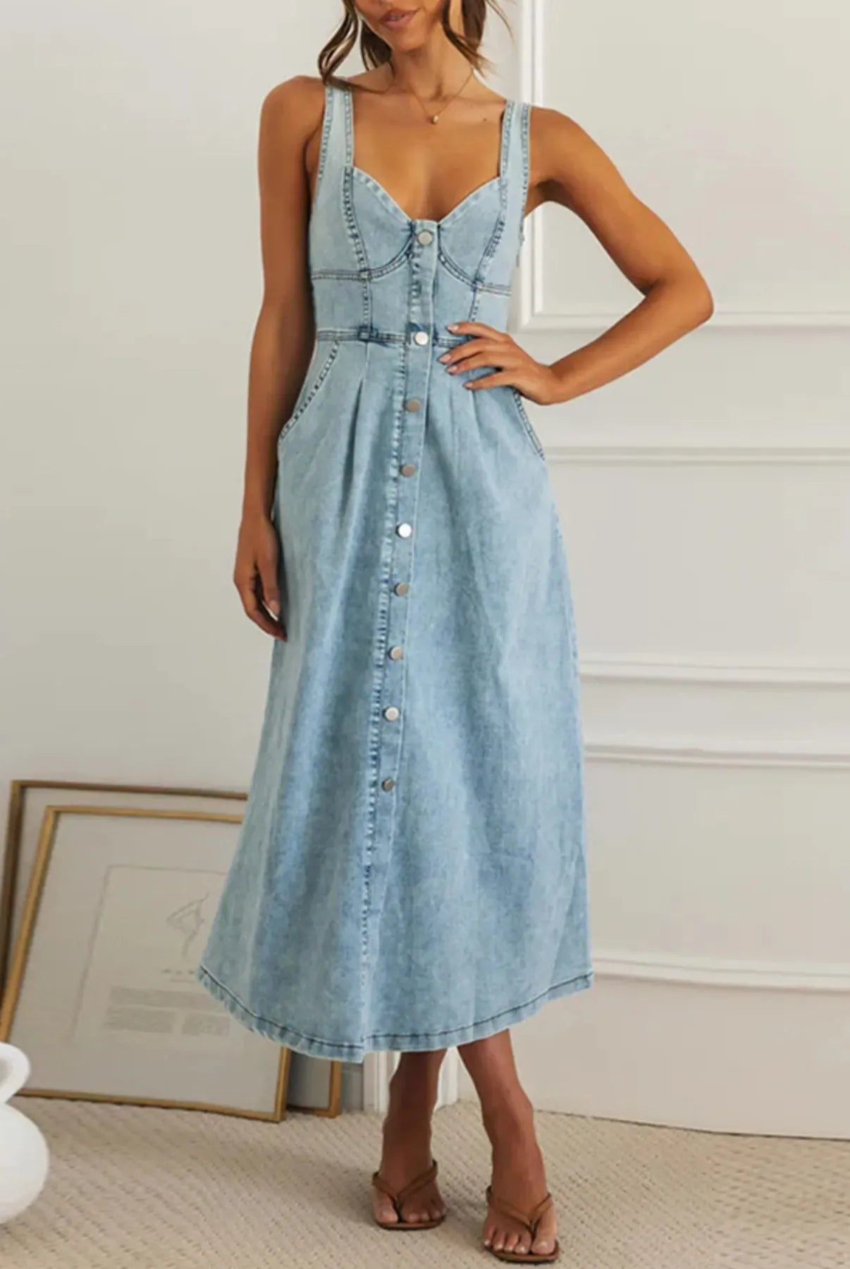 Sweetheart Neck Button-Front Midi Denim Dress-Krush Kandy, Women's Online Fashion Boutique Located in Phoenix, Arizona (Scottsdale Area)