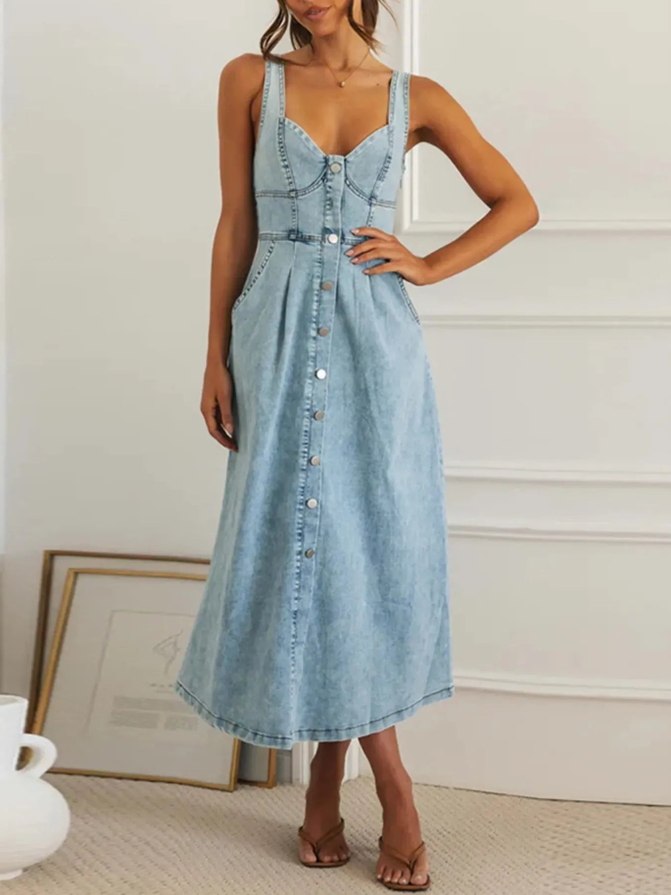 Sweetheart Neck Button-Front Midi Denim Dress-Krush Kandy, Women's Online Fashion Boutique Located in Phoenix, Arizona (Scottsdale Area)