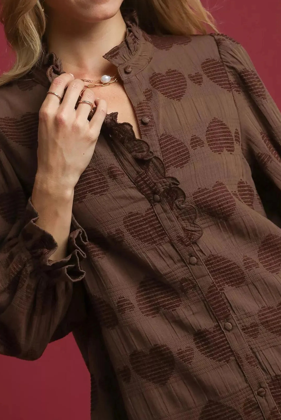 Umgee Heart Jacquard Ruffle Trim Shirt-Tops-Krush Kandy, Women's Online Fashion Boutique Located in Phoenix, Arizona (Scottsdale Area)