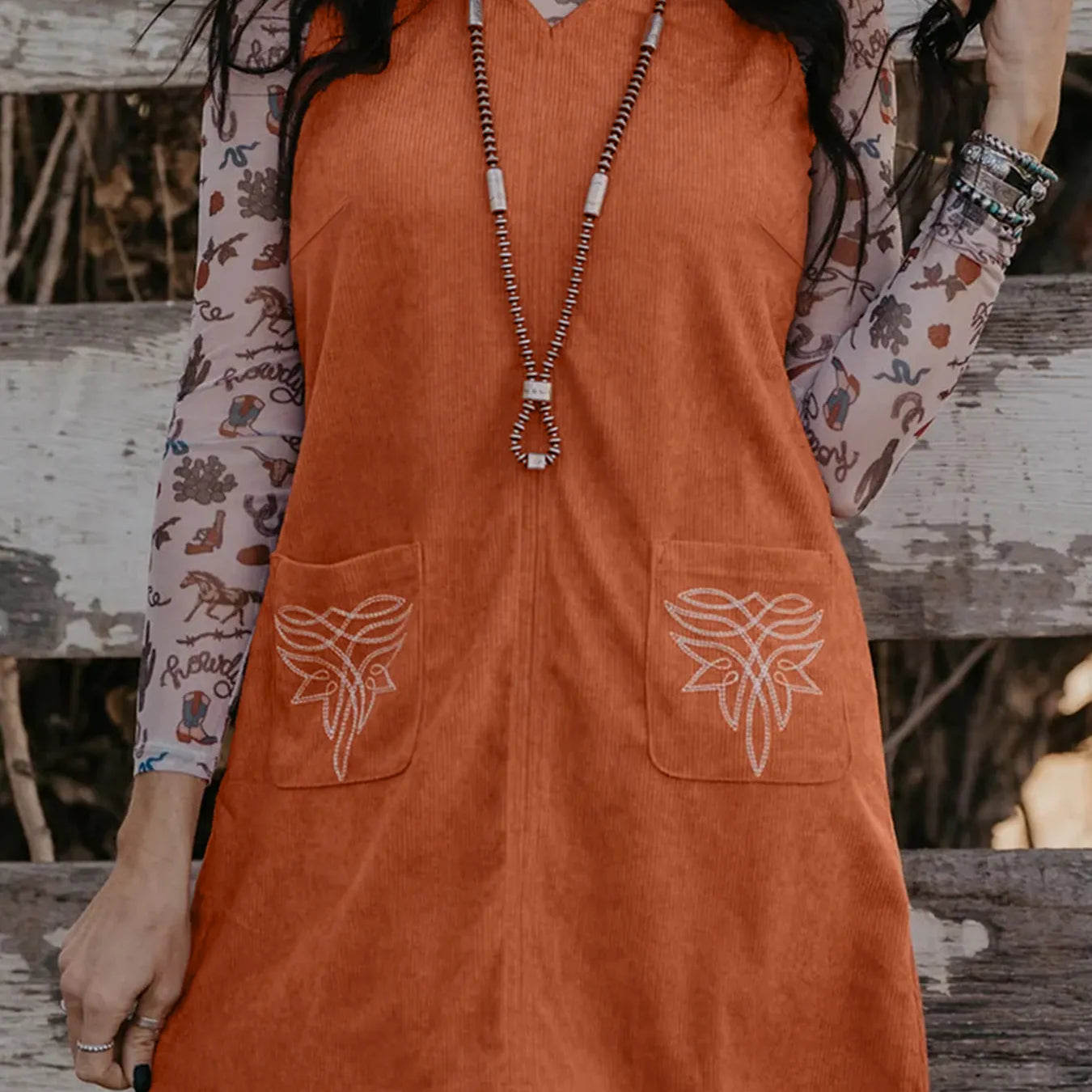 Corduroy Western Embroidered Patched Pocket Shift Sleeveless Mini Dress-dresses-Krush Kandy, Women's Online Fashion Boutique Located in Phoenix, Arizona (Scottsdale Area)