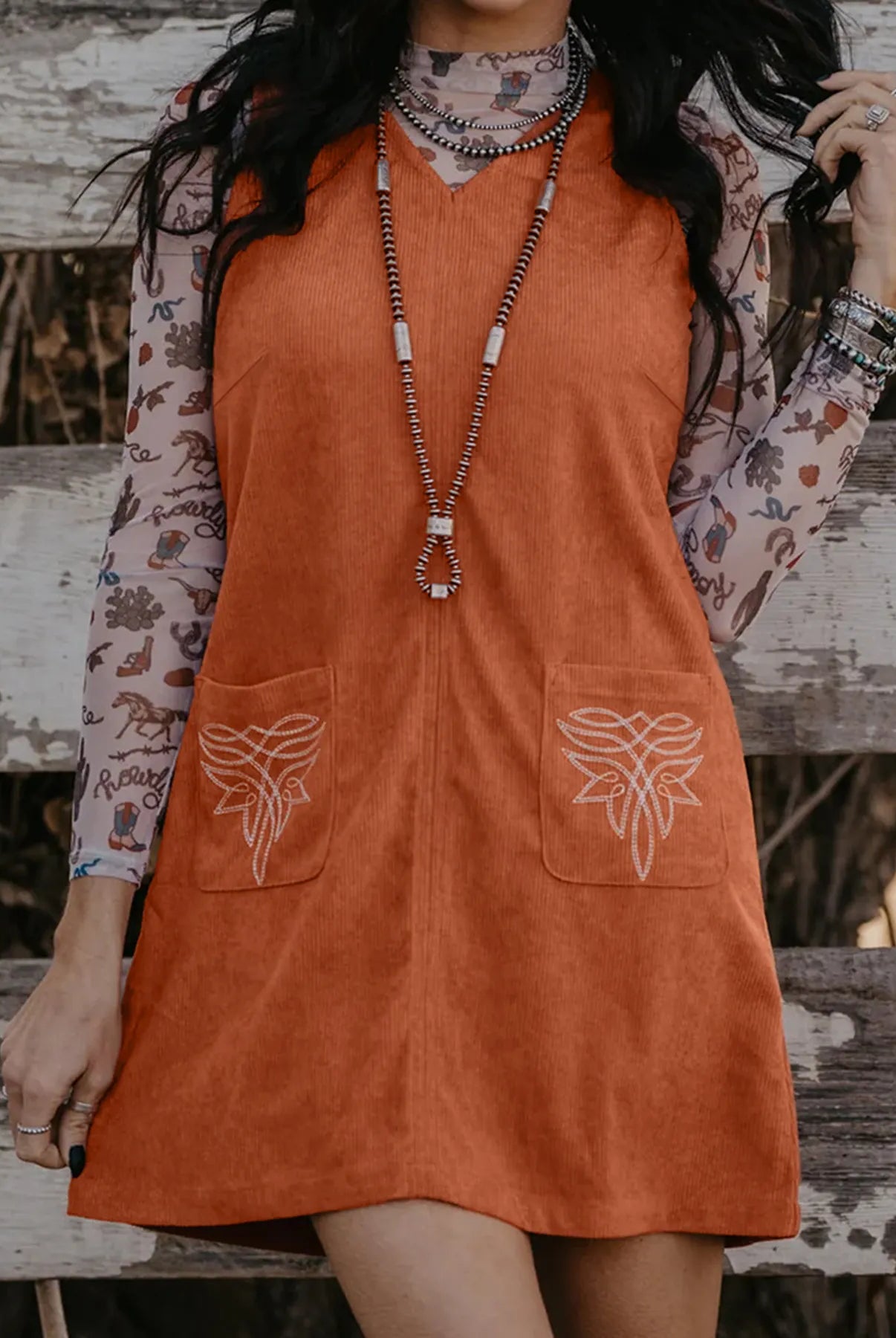 Corduroy Western Embroidered Patched Pocket Shift Sleeveless Mini Dress-dresses-Krush Kandy, Women's Online Fashion Boutique Located in Phoenix, Arizona (Scottsdale Area)
