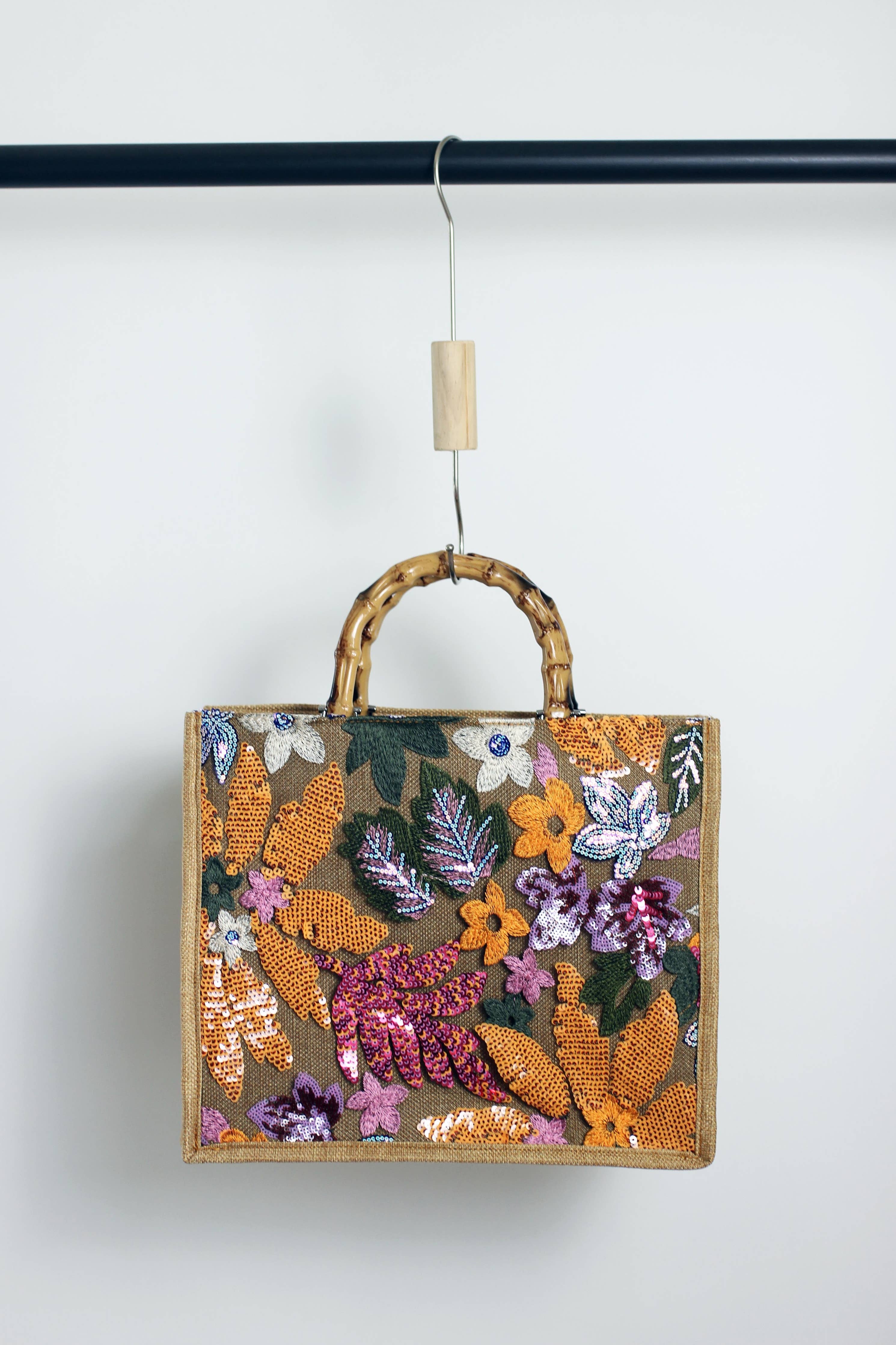Elegant Burlap Handbag with Floral Embroidery and Bamboo Handle-handbag-Krush Kandy, Women's Online Fashion Boutique Located in Phoenix, Arizona (Scottsdale Area)