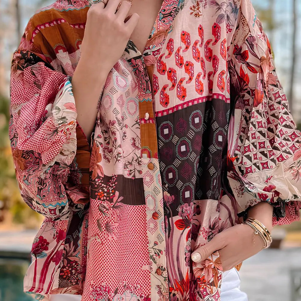 Sunset Mosaic Patchwork Blouse-Tops-Krush Kandy, Women's Online Fashion Boutique Located in Phoenix, Arizona (Scottsdale Area)