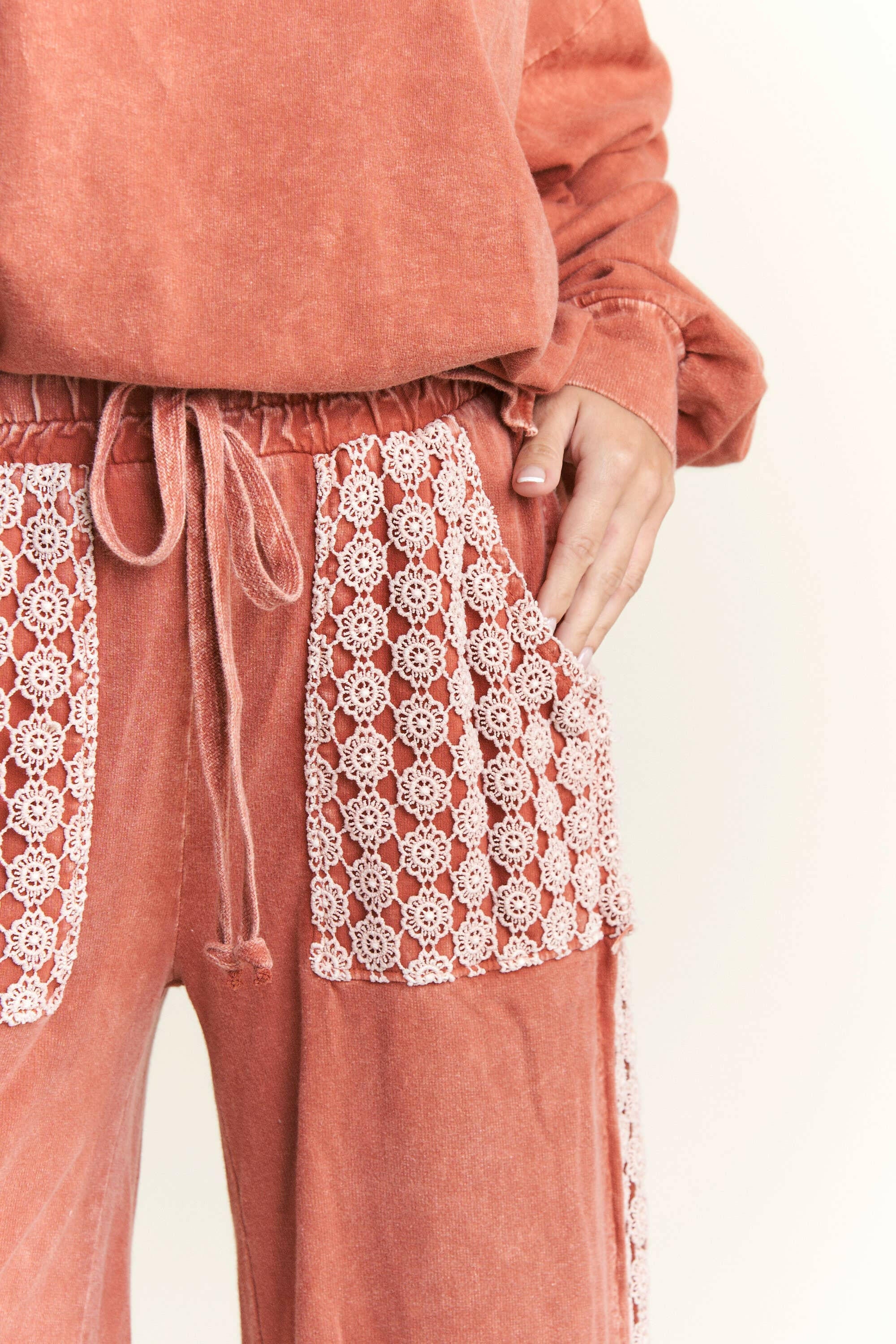 MineralWash Floral Daisy trim Pants-PANTS-Krush Kandy, Women's Online Fashion Boutique Located in Phoenix, Arizona (Scottsdale Area)