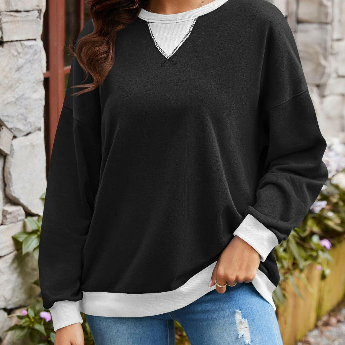 Lovelet Contrast Round Neck Long Sleeve Sweatshirt-Krush Kandy, Women's Online Fashion Boutique Located in Phoenix, Arizona (Scottsdale Area)