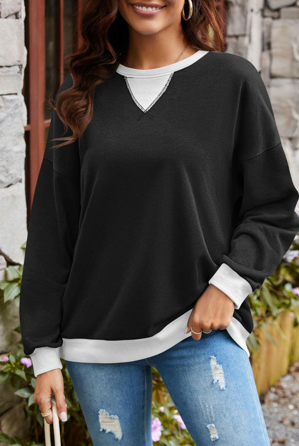 Lovelet Contrast Round Neck Long Sleeve Sweatshirt-Krush Kandy, Women's Online Fashion Boutique Located in Phoenix, Arizona (Scottsdale Area)