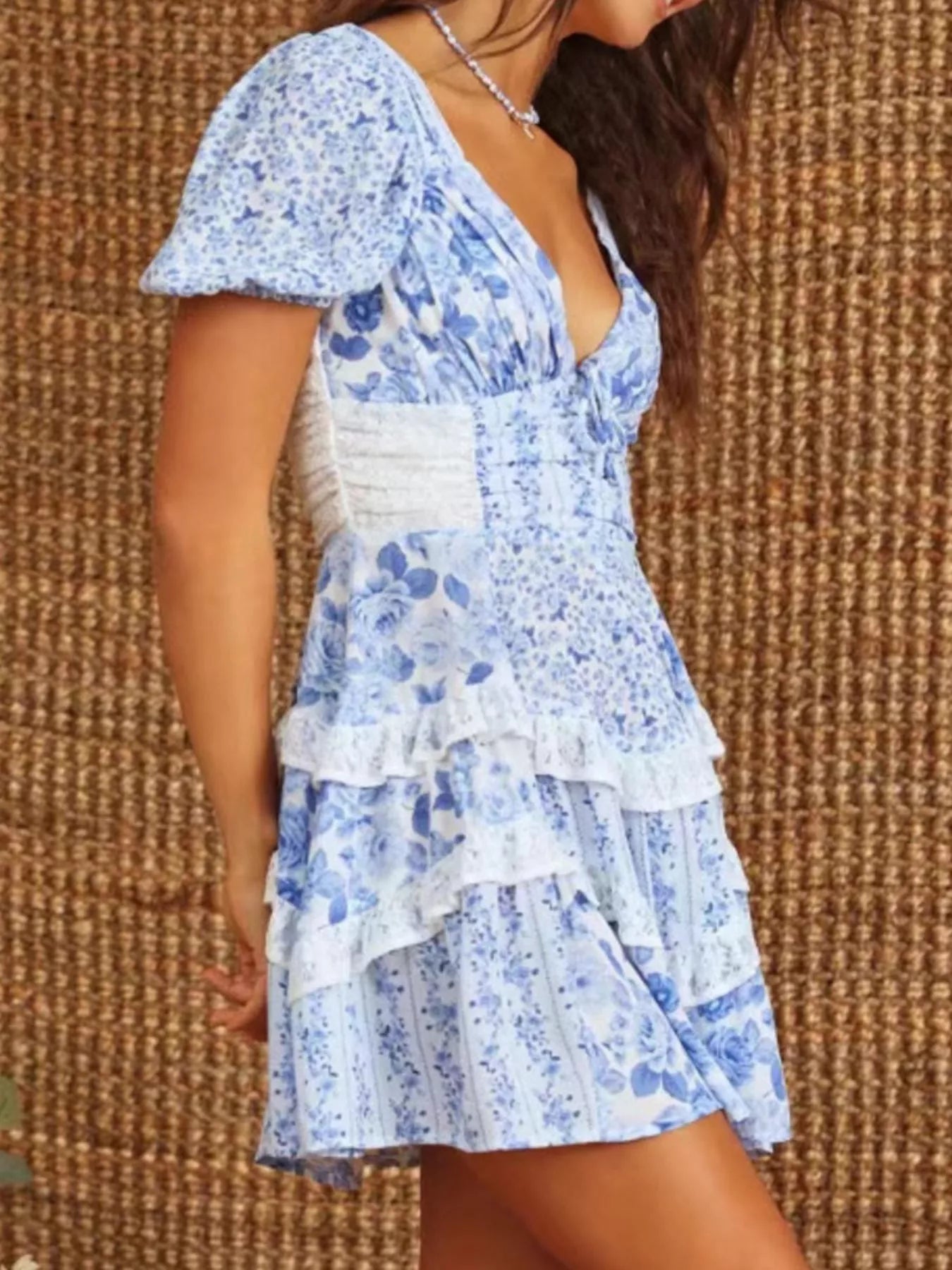 Floral Puff Sleeve Tiered Mini Dress-Dresses-Krush Kandy, Women's Online Fashion Boutique Located in Phoenix, Arizona (Scottsdale Area)