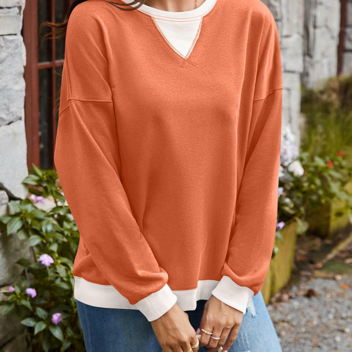 Lovelet Contrast Round Neck Long Sleeve Sweatshirt-Krush Kandy, Women's Online Fashion Boutique Located in Phoenix, Arizona (Scottsdale Area)
