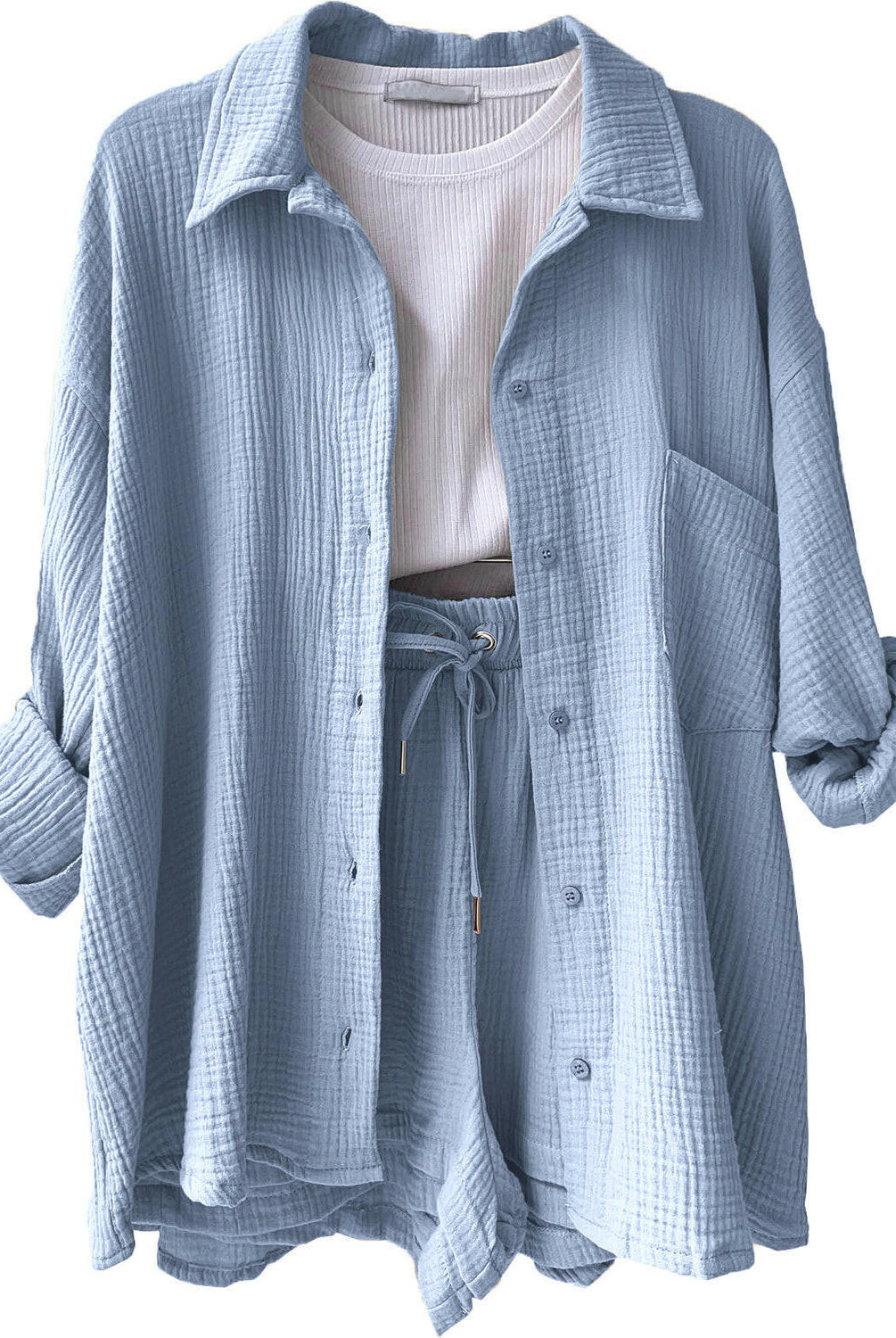 Kinsley Texture Button-Up Shirt and Drawstring Shorts Set-Krush Kandy, Women's Online Fashion Boutique Located in Phoenix, Arizona (Scottsdale Area)