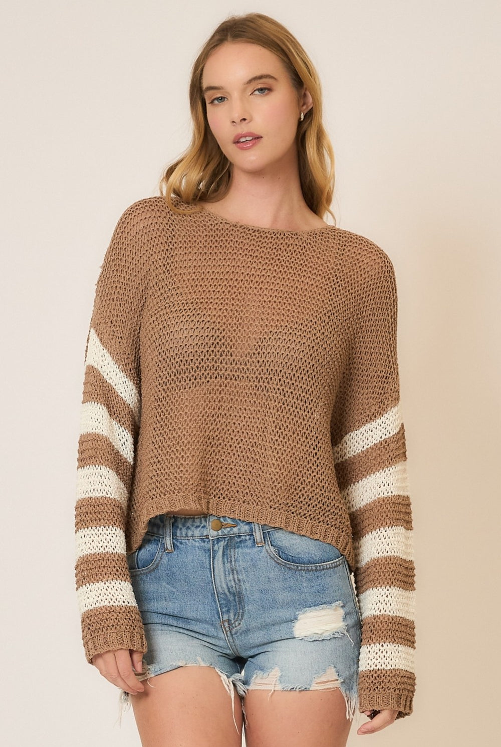 Light Knit Stripe Sleeve Pullover Sweater-Sweaters-Krush Kandy, Women's Online Fashion Boutique Located in Phoenix, Arizona (Scottsdale Area)