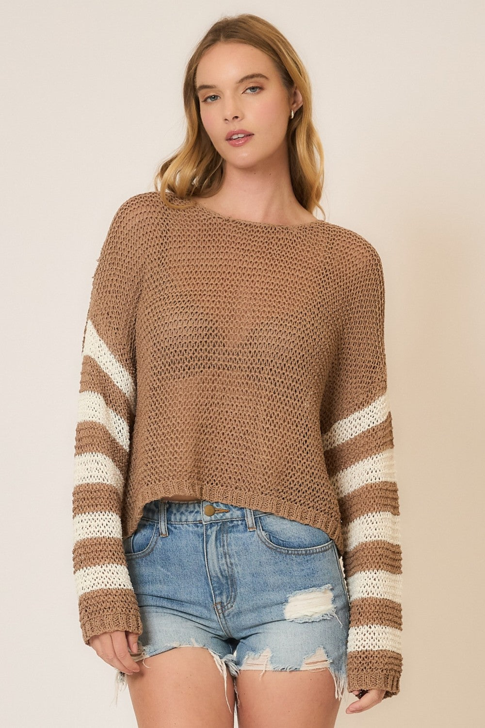 Light Knit Stripe Sleeve Pullover Sweater-Sweaters-Krush Kandy, Women's Online Fashion Boutique Located in Phoenix, Arizona (Scottsdale Area)