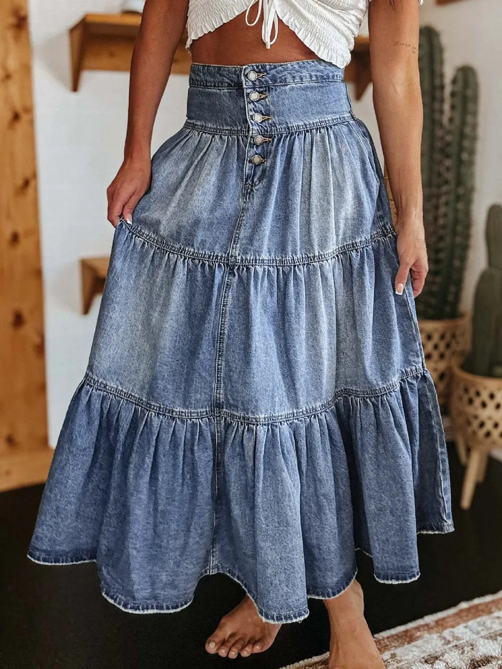 Vintage Indigo Tiered Denim Skirt-Skirts-Krush Kandy, Women's Online Fashion Boutique Located in Phoenix, Arizona (Scottsdale Area)