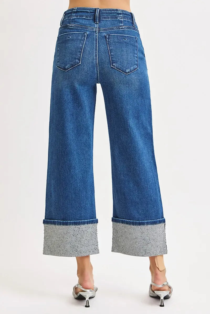 RISEN High Rise Ankle Wide Rhine Stone Cuffed Jeans-Krush Kandy, Women's Online Fashion Boutique Located in Phoenix, Arizona (Scottsdale Area)