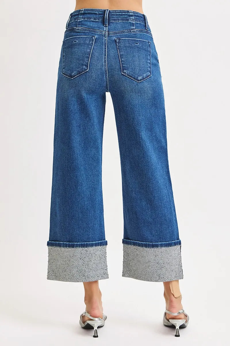 RISEN High Rise Ankle Wide Rhine Stone Cuffed Jeans-Krush Kandy, Women's Online Fashion Boutique Located in Phoenix, Arizona (Scottsdale Area)