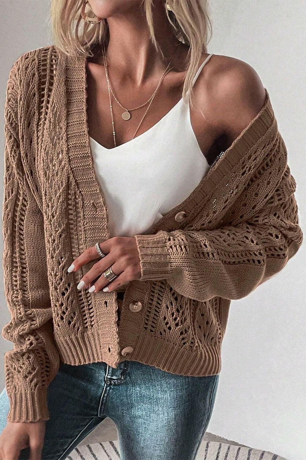 Openwork Button Up Long Sleeve Cardigan-Sweaters-Krush Kandy, Women's Online Fashion Boutique Located in Phoenix, Arizona (Scottsdale Area)