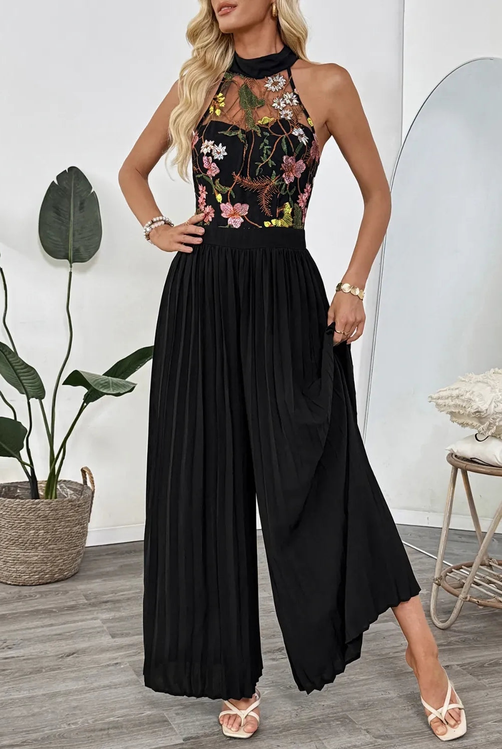 Floral Embroidered Halter Neck Pleated Jumpsuit-Jumpsuits & Rompers-Krush Kandy, Women's Online Fashion Boutique Located in Phoenix, Arizona (Scottsdale Area)
