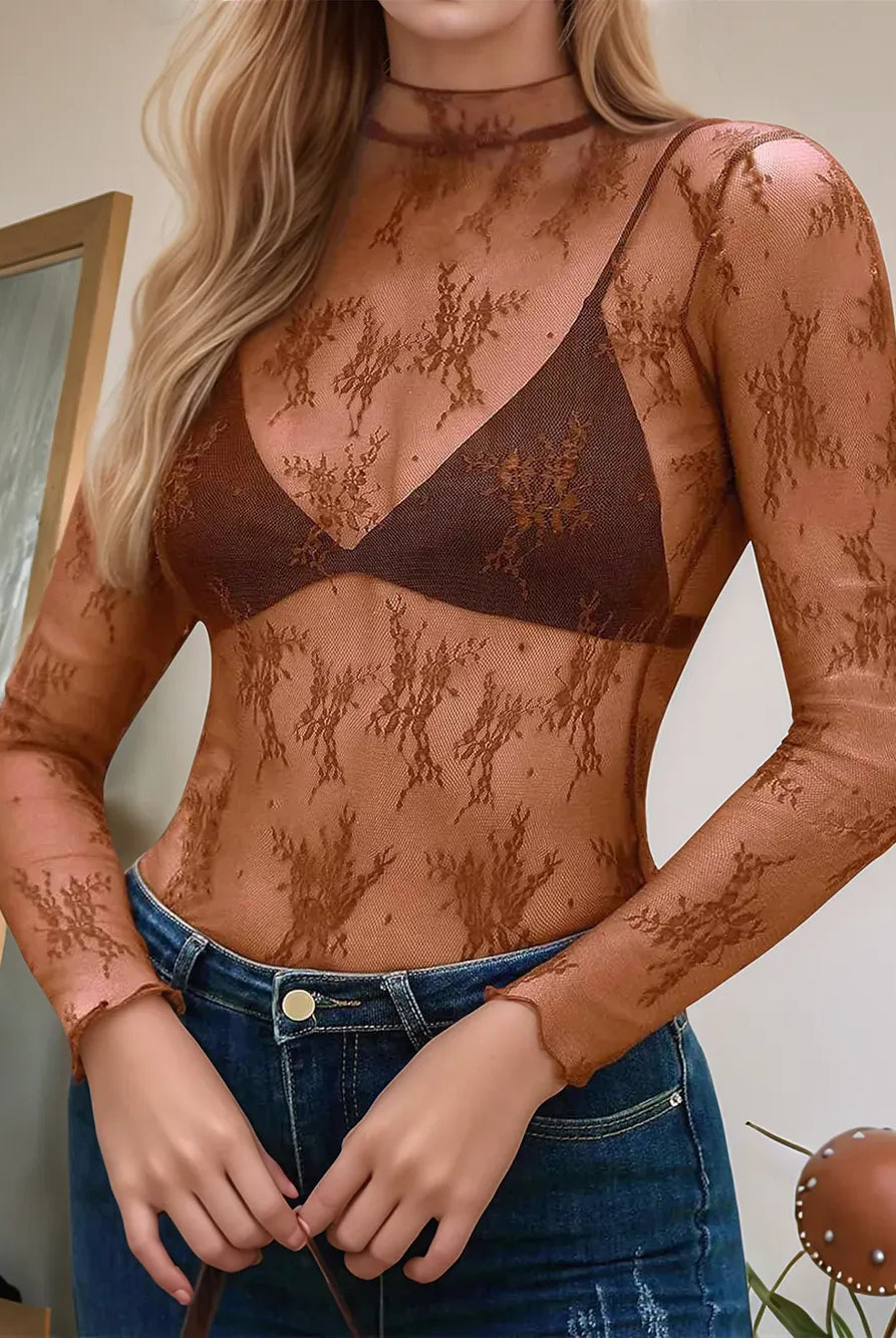 Floral Mock Neck Long Sleeve Mesh Top-Tops-Krush Kandy, Women's Online Fashion Boutique Located in Phoenix, Arizona (Scottsdale Area)