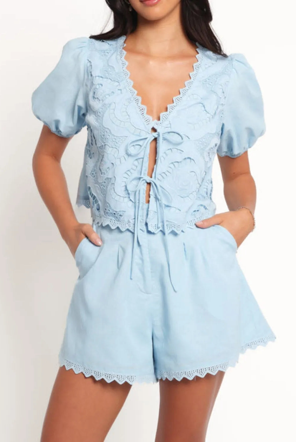 Lace Detail V-Neck Top and Shorts Set-2 Piece Outfit Sets-Krush Kandy, Women's Online Fashion Boutique Located in Phoenix, Arizona (Scottsdale Area)