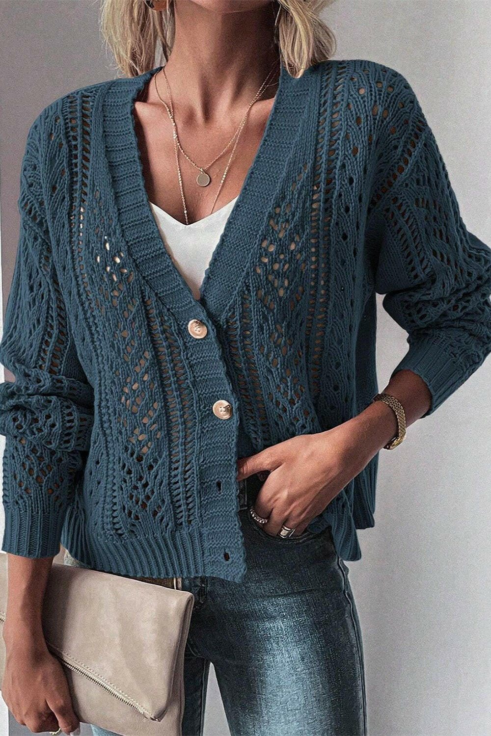 Openwork Button Up Long Sleeve Cardigan-Sweaters-Krush Kandy, Women's Online Fashion Boutique Located in Phoenix, Arizona (Scottsdale Area)