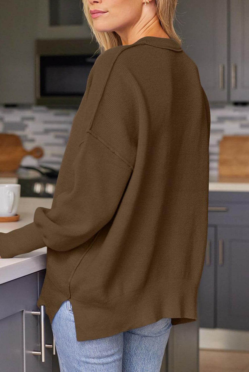 Slit Round Neck Dropped Shoulder Sweater-Krush Kandy, Women's Online Fashion Boutique Located in Phoenix, Arizona (Scottsdale Area)