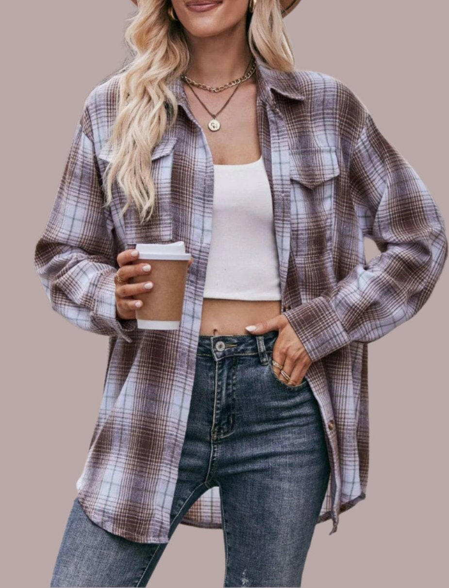 Plaid Dropped Shoulder Longline Shirt-Long Sleeve Tops-Krush Kandy, Women's Online Fashion Boutique Located in Phoenix, Arizona (Scottsdale Area)
